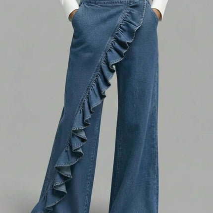 Womens Retro Irregular High-Waist A-Line Denim Trousers loose fit silhouette.