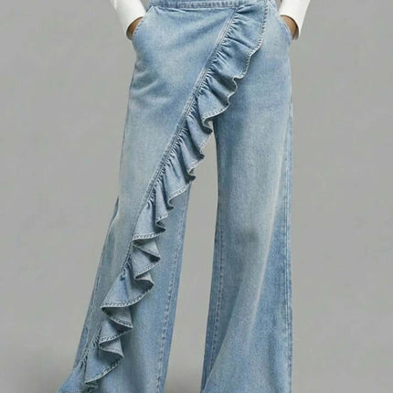 Womens Retro Irregular High-Waist A-Line Denim Trousers elegant commuter style.