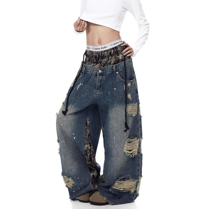 Womens Retro Ripped Wide-Leg Denim Jeans Street Style flared leg.