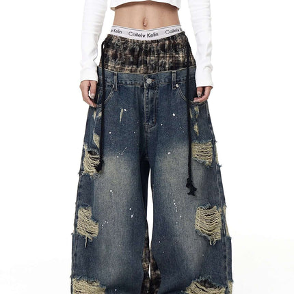 Womens Retro Ripped Wide-Leg Denim Jeans Street Style urban trendy look.