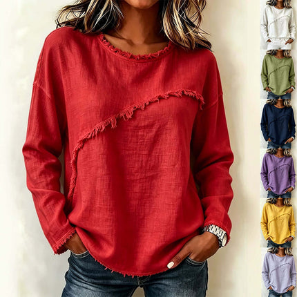 Womens Round Neck Patchwork Lace Long Sleeve Shirt Round Neck Design