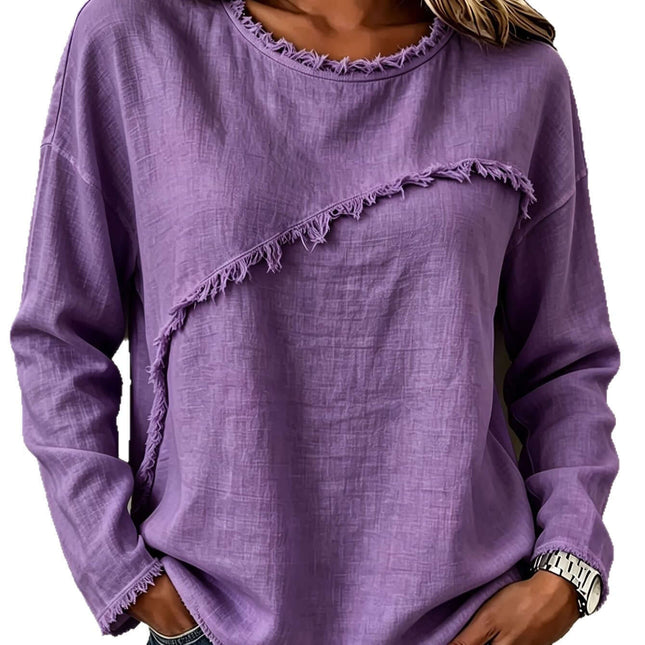 Womens Round Neck Patchwork Lace Long Sleeve Shirt Lace Patchwork Detail