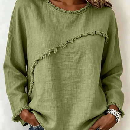 Womens Round Neck Patchwork Lace Long Sleeve Shirt Decorative Lace Panels