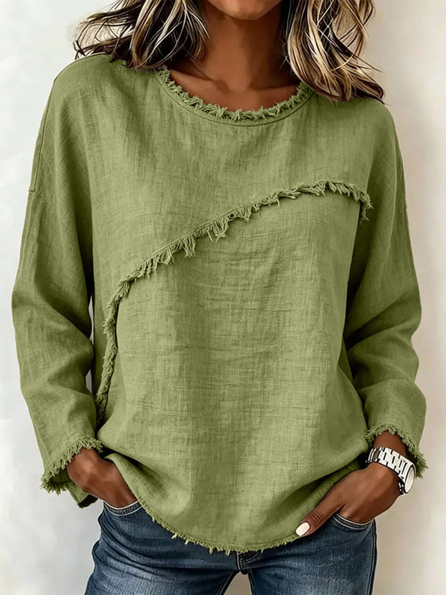 Womens Round Neck Patchwork Lace Long Sleeve Shirt Decorative Lace Panels