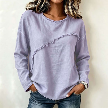 Womens Round Neck Patchwork Lace Long Sleeve Shirt Stylish Casual Outfit