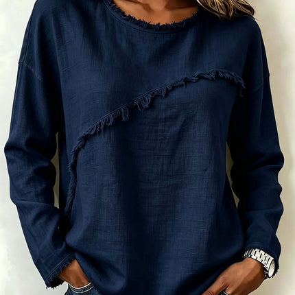 Womens Round Neck Patchwork Lace Long Sleeve Shirt Textured Patchwork Design