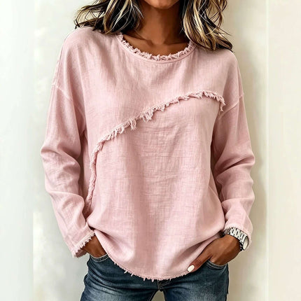 Womens Round Neck Patchwork Lace Long Sleeve Shirt Long Sleeve Style