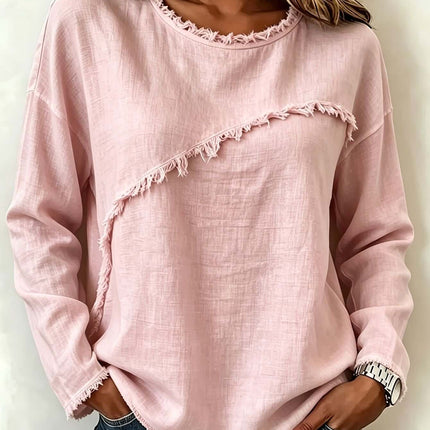 Womens Round Neck Patchwork Lace Long Sleeve Shirt Elegant Lace Design
