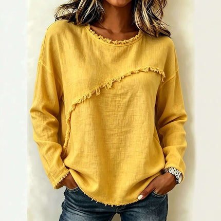 Womens Round Neck Patchwork Lace Long Sleeve Shirt Round Neckline Detail
