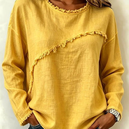 Womens Round Neck Patchwork Lace Long Sleeve Shirt Lace Detail Top