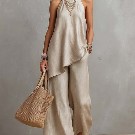 Women's Sleeveless Crew Neck Vest and Long Pants Set in beige, featuring a flowing design and stylish accessories.