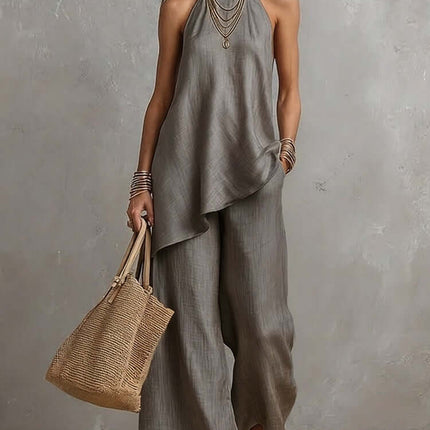 Women's Sleeveless Crew Neck Vest and Long Pants Set styled with accessories and a bag, perfect for summer outings.