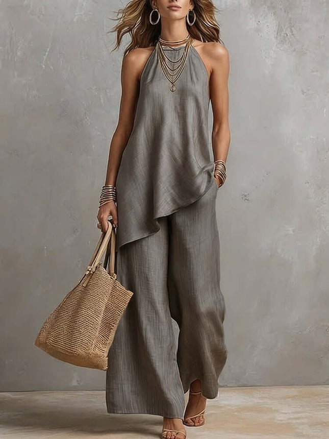 Women's Sleeveless Crew Neck Vest and Long Pants Set styled with accessories and a bag, perfect for summer outings.