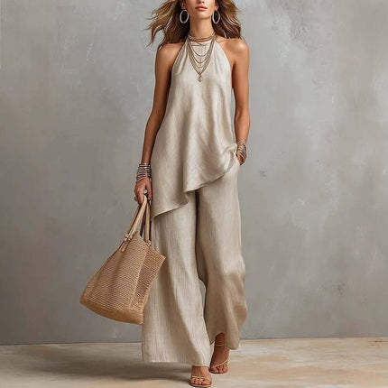 Women's Sleeveless Crew Neck Vest and Long Pants Set worn by a model showcasing a stylish summer look with accessories.