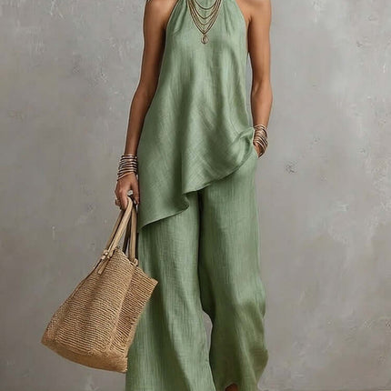 Women's Sleeveless Crew Neck Vest and Long Pants Set in green, featuring a stylish halter neckline and flowy silhouette.