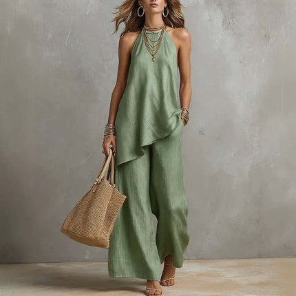 Women's Sleeveless Crew Neck Vest and Long Pants Set in green, featuring a flowy design, styled with accessories and a bag.