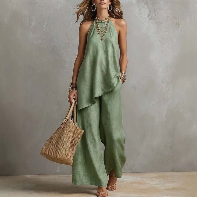 Women's Sleeveless Crew Neck Vest and Long Pants Set in green, featuring a flowy design, styled with accessories and a bag.