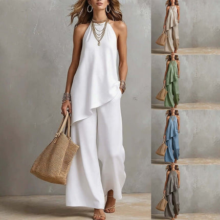 Women's Sleeveless Crew Neck Vest and Long Pants Set in white, styled with accessories and a tote bag, displayed in multiple colors.