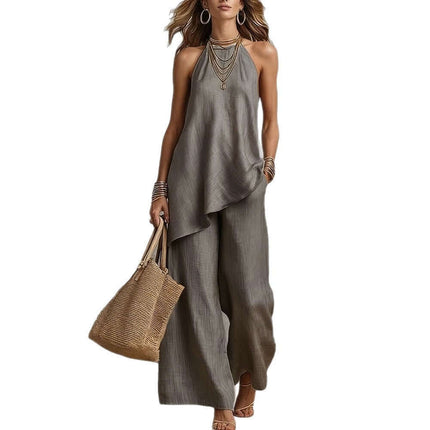 Women's Sleeveless Crew Neck Vest and Long Pants Set in stylish gray with accessories and a woven bag.