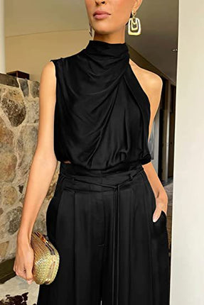 Womens Sleeveless Crop Top And Wide Leg Pants Set worn by model, showcasing stylish black outfit with elegant accessories.