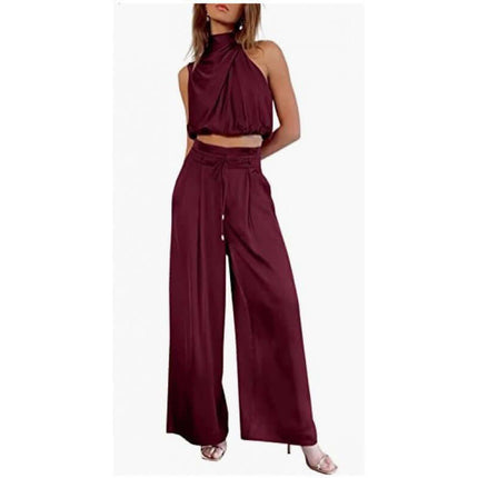 Womens Sleeveless Crop Top And Wide Leg Pants Set in maroon color worn by a model.