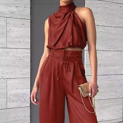 Womens Sleeveless Crop Top And Wide Leg Pants Set in a stylish rust color featuring a cropped design and wide leg pants.