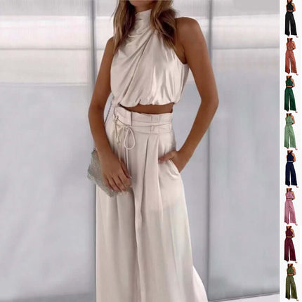 Womens Sleeveless Crop Top And Wide Leg Pants Set model wearing stylish outfit
