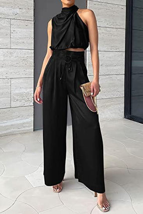 Womens Sleeveless Crop Top And Wide Leg Pants Set showcasing a stylish black outfit with a halter crop top and wide leg pants.