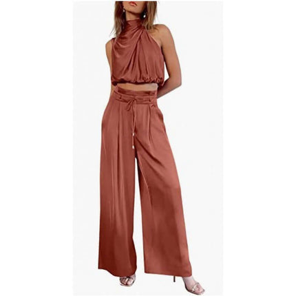 Womens Sleeveless Crop Top And Wide Leg Pants Set in rust color, featuring stylish design and comfortable fabric.
