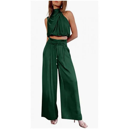 Womens Sleeveless Crop Top And Wide Leg Pants Set in green color, featuring a stylish halter neck and flowy wide-leg pants.