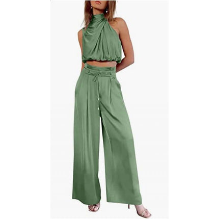 Womens Sleeveless Crop Top And Wide Leg Pants Set in green fabric, showcasing a stylish and trendy outfit ideal for summer wear.