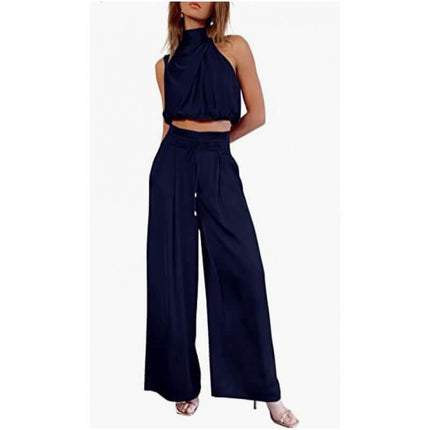 Womens Sleeveless Crop Top And Wide Leg Pants Set in navy blue, featuring a stylish, trendy design suitable for casual outings.