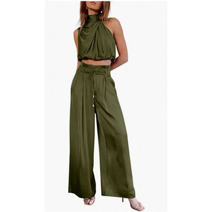 Womens Sleeveless Crop Top And Wide Leg Pants Set in olive green, featuring a stylish crop top and flowy wide-leg pants.