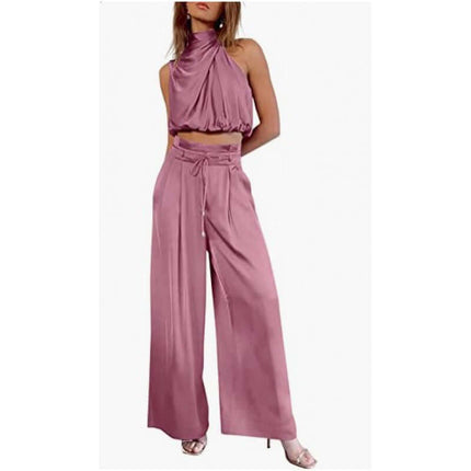 Womens Sleeveless Crop Top And Wide Leg Pants Set in pink, featuring a stylish halter neck and flowy wide leg design.