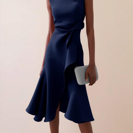 Womens Bow Knot Sleeveless Summer Maxi Dress in navy blue with a stylish wrap design and elegant silhouette.