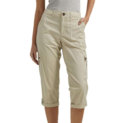Women's Solid Color Casual High Waist Cropped Pants in beige, featuring a relaxed fit and practical side pockets.