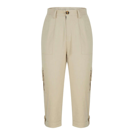 Women's Solid Color Casual High Waist Cropped Pants in beige color with side pockets and cuffed hem.