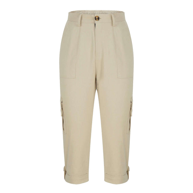 Women's Solid Color Casual High Waist Cropped Pants in beige color with side pockets and cuffed hem.