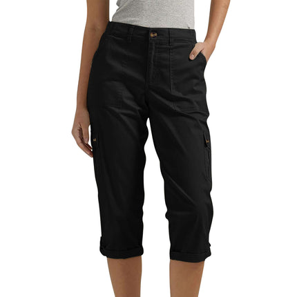Women's Solid Color Casual High Waist Cropped Pants in black, featuring rolled cuffs and side pockets for a stylish look.