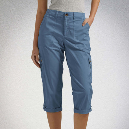 Women's Solid Color Casual High Waist Cropped Pants in blue with cargo pockets and rolled cuffs.
