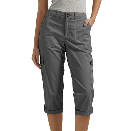 Women's Solid Color Casual High Waist Cropped Pants in gray with side pockets and rolled cuffs, perfect for casual wear.