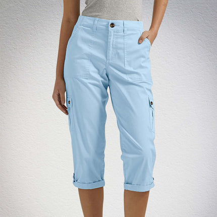 Women's Solid Color Casual High Waist Cropped Pants in light blue color, featuring a relaxed fit and rolled cuffs.