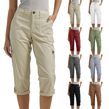 Women's Solid Color Casual High Waist Cropped Pants available in multiple colors including beige, white, red, green, gray, black, and brown.