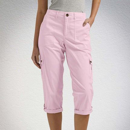 Women's Solid Color Casual High Waist Cropped Pants in pink color, perfect for stylish casual wear.
