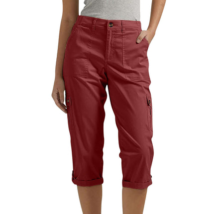 Women's Solid Color Casual High Waist Cropped Pants in red with pockets, featuring a stylish and comfortable design.