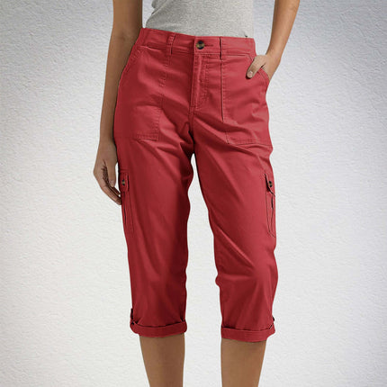 Women's Solid Color Casual High Waist Cropped Pants in vibrant red color with side pockets