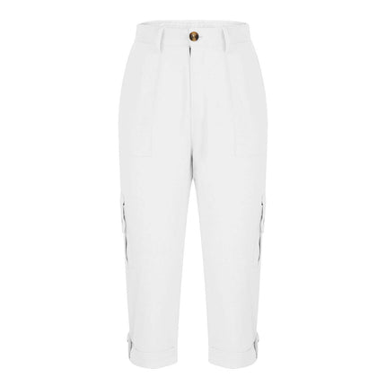Women's Solid Color Casual High Waist Cropped Pants in white with stylish button closure and pocket details.