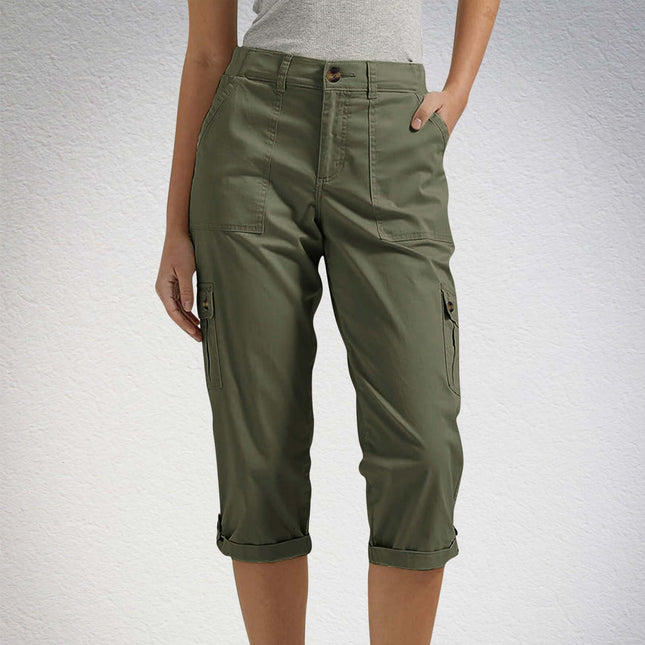 Women's Solid Color Casual High Waist Cropped Pants in olive green, featuring a comfortable fit and practical pockets.