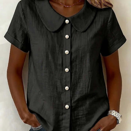Womens Solid Colored Short Sleeve Casual Shirt in black with button detail and collar design.