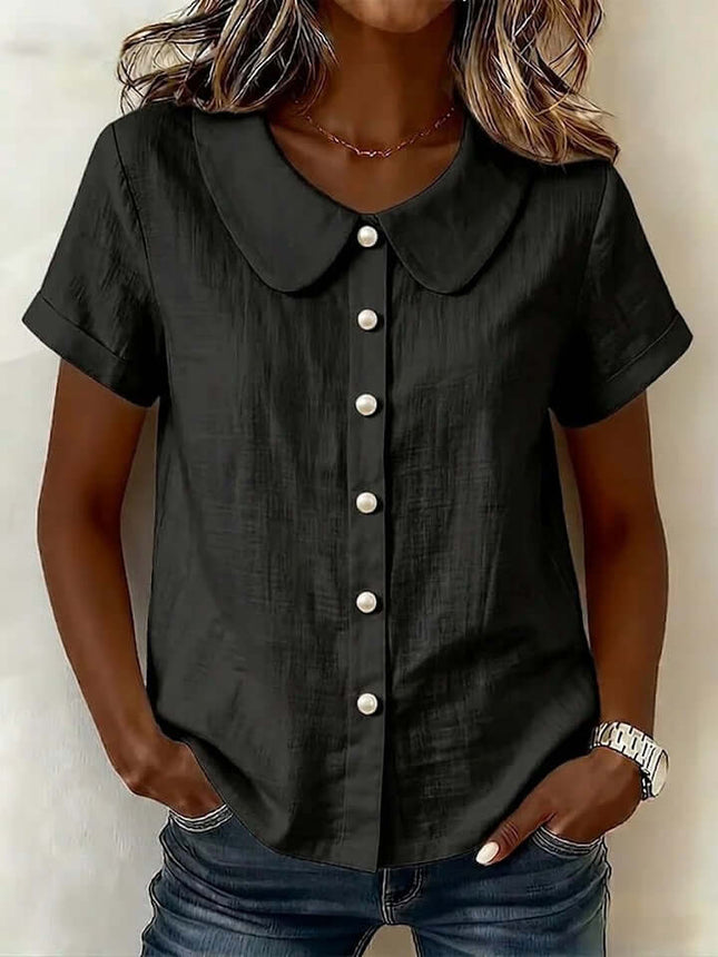 Womens Solid Colored Short Sleeve Casual Shirt in black with button detail and collar design.